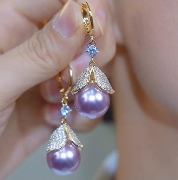 Korean Luxury Purple Pearl Full Diamond Leaf Necklace - Image 2