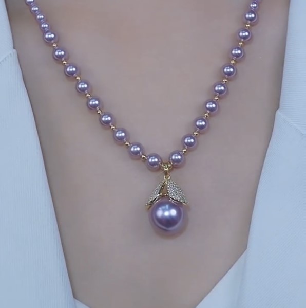 Korean Luxury Purple Pearl Full Diamond Leaf Necklace - Image 3