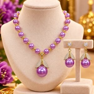 Italian Luxury Purple Pearl Diamond Leaf Necklace Set