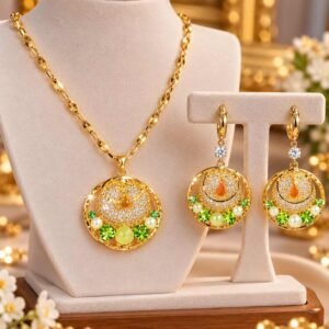 Golden Green Necklace+Ear Ring+Nosepin+Ring
