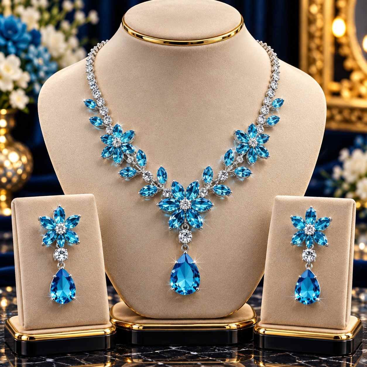 A Diamond necklace and earrings with zircon, universal elegant set, light luxury style