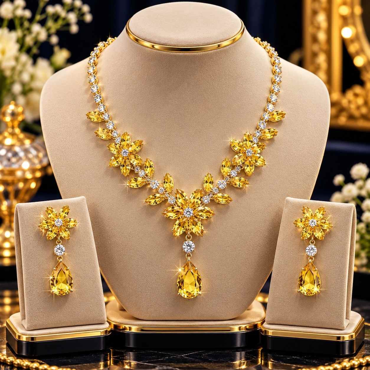A Diamond necklace and earrings with zircon, universal elegant set, light luxury style
