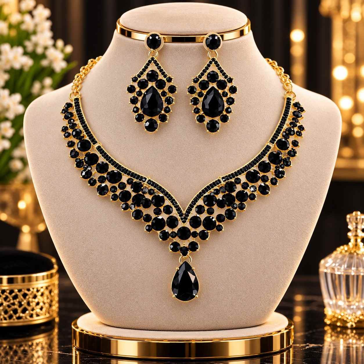 Bridal Diamond Cut Crystal Jewelry Set (Black)