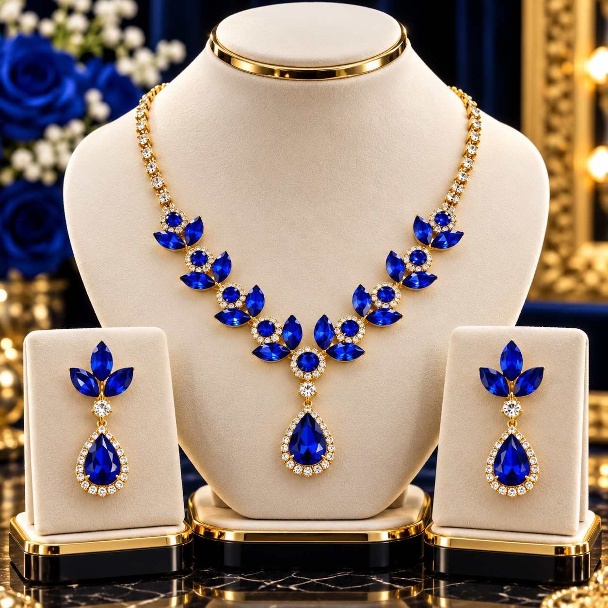 Royal Emerald Blue Crystal Necklace & Earring Set