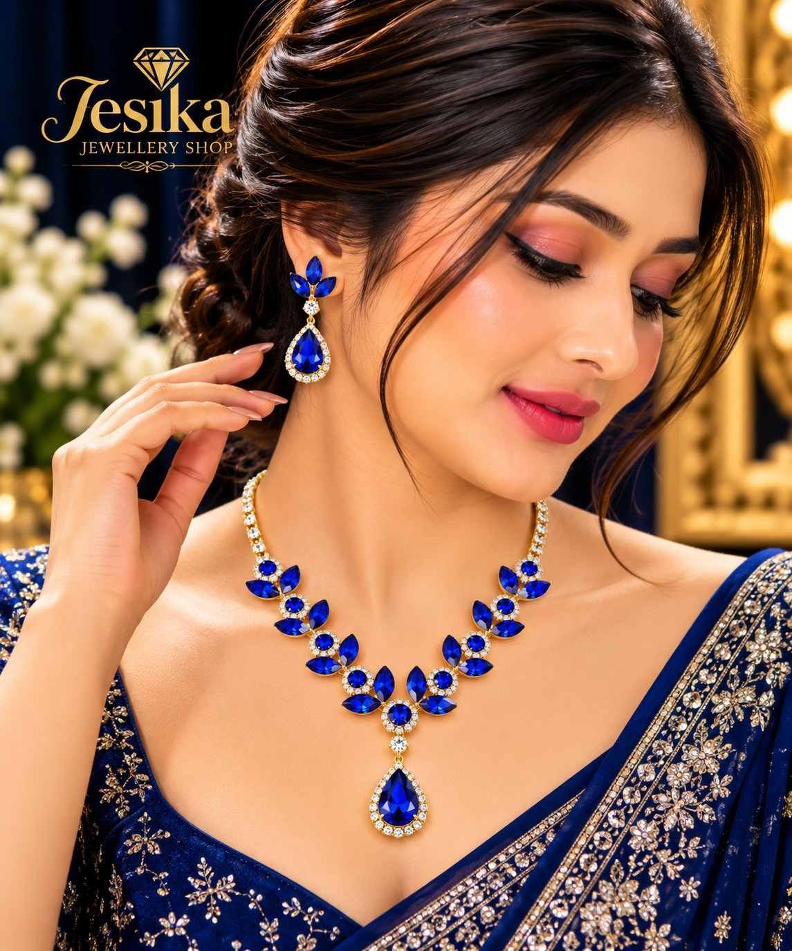 Royal Emerald Blue Crystal Necklace & Earring Set - Image 2