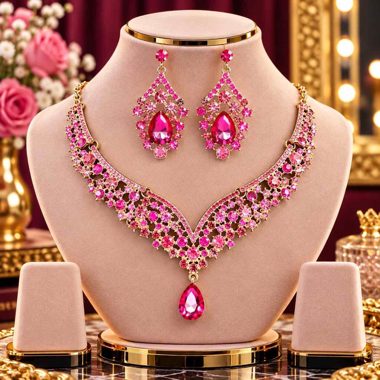 Bridal Diamond Cut Crystal Jewelry Set (Pink)