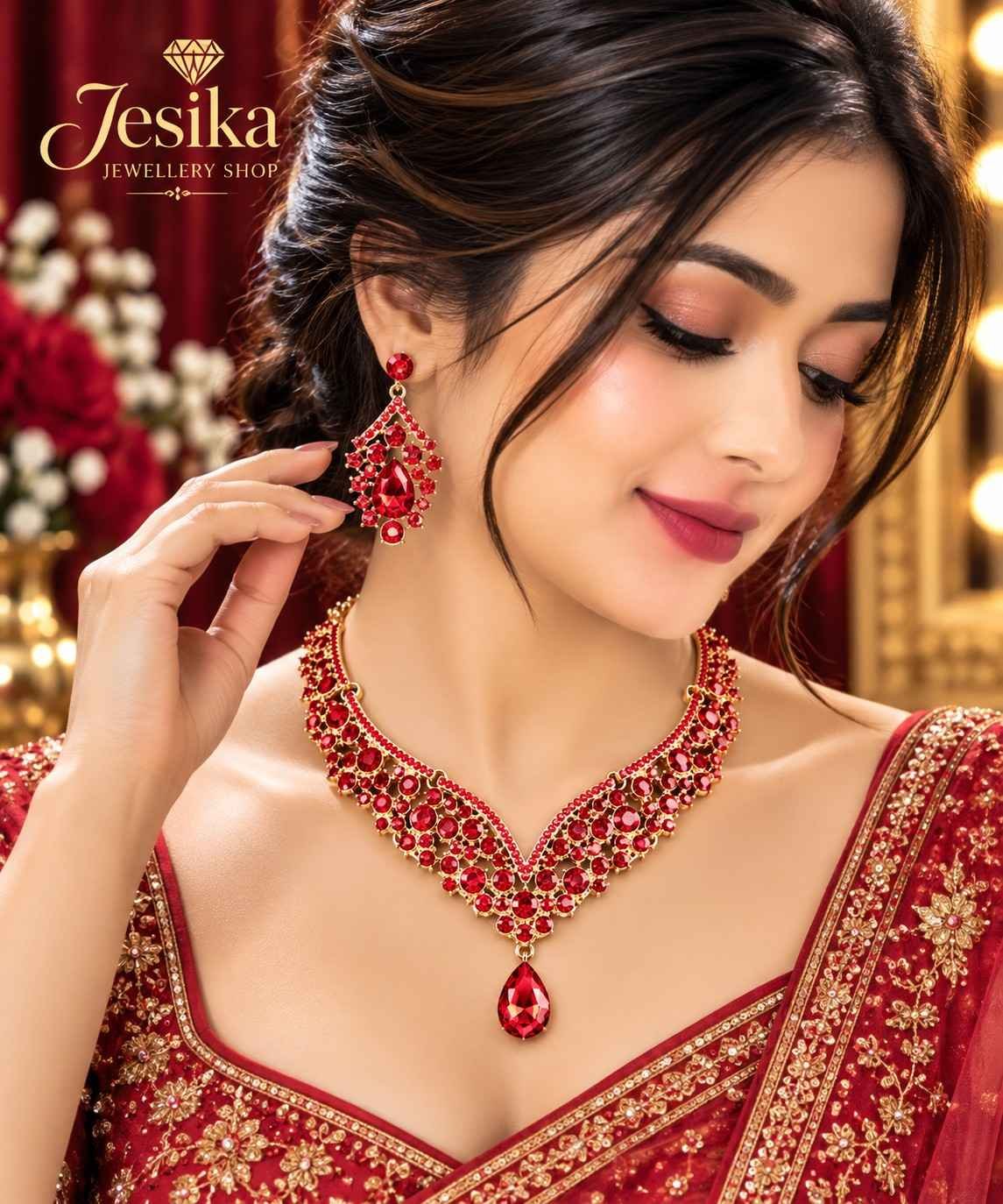 Bridal Diamond Cut Crystal Jewelry Set (Red) - Image 2