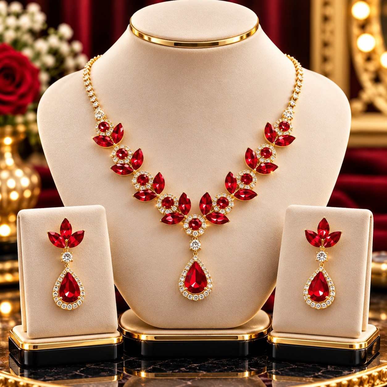 Royal Emerald Red Crystal Necklace & Earring Set