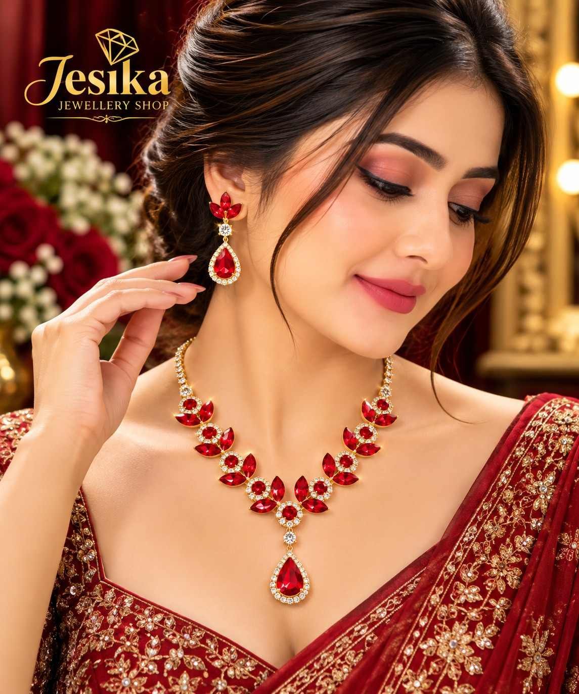 Royal Emerald Red Crystal Necklace & Earring Set - Image 2