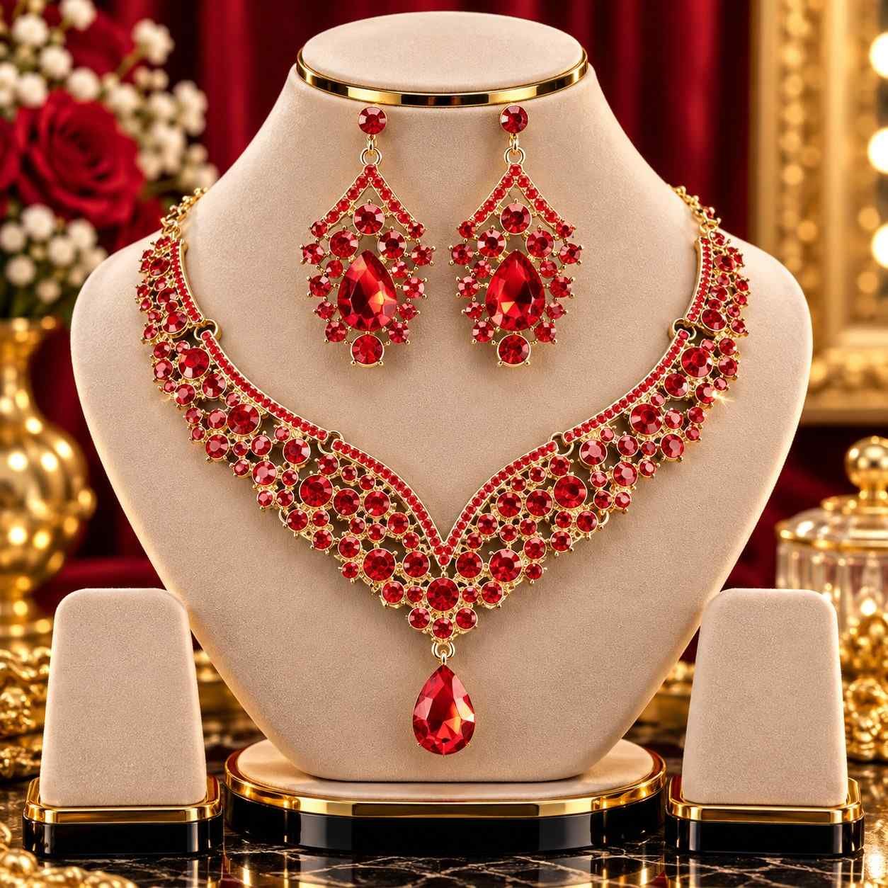 Bridal Diamond Cut Crystal Jewelry Set (Red)