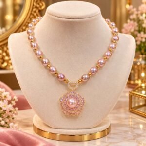 Smart Flower Water Hibiscus Transfer Beads Imitation Pearl Pink Necklace Sweet Light Luxury Design Sense Pink