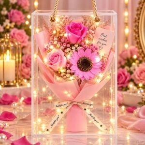 Premium 3 Flower Gift Box â pink rose + sunflower & Carnation with LED Light + Greeting Card đšâ¤ī¸