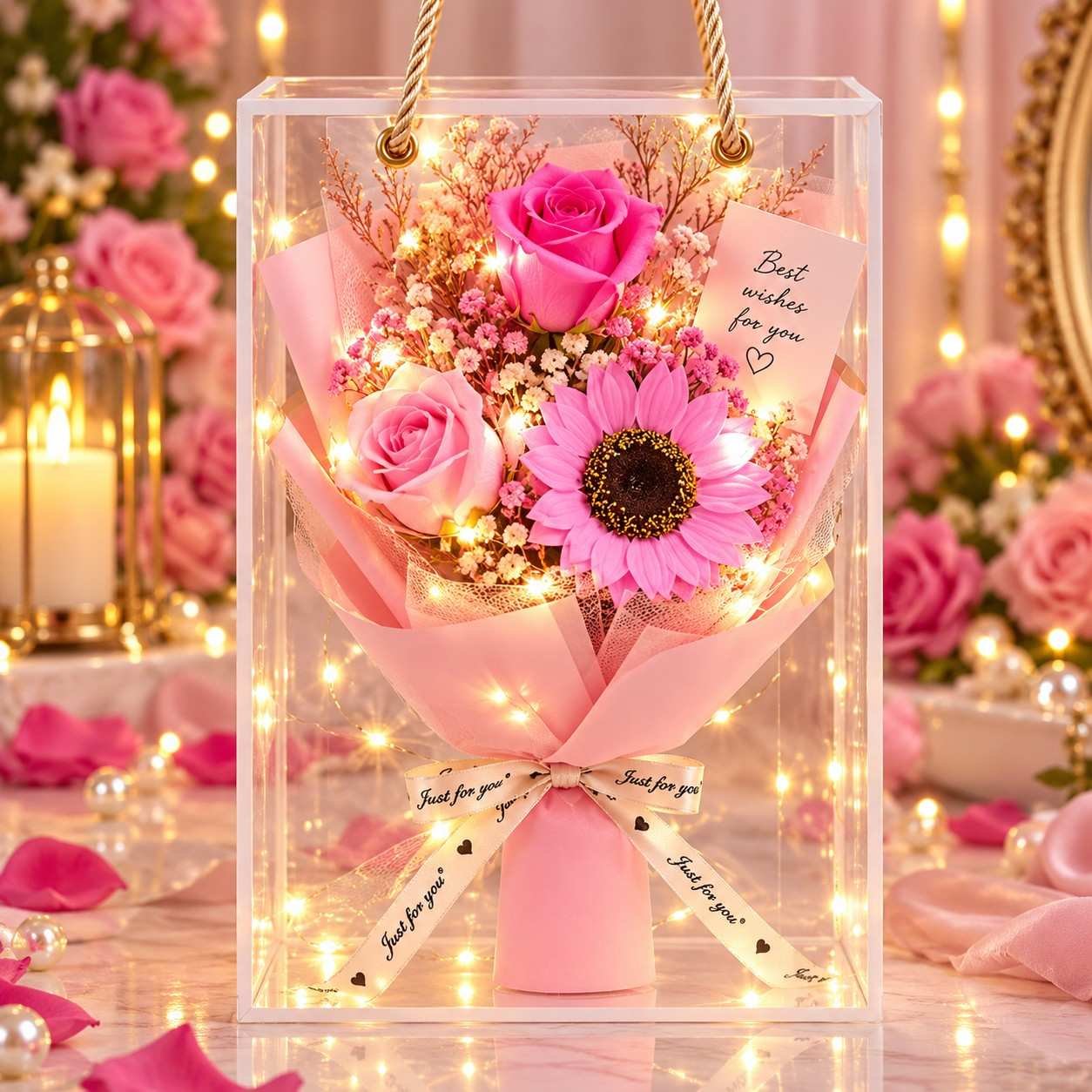 Premium 3 Flower Gift Box – pink rose + sunflower & Carnation with LED Light + Greeting Card 🌹❤️