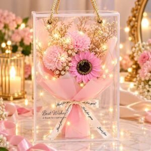 Premium 3 Flower Gift Box â Pink Carnation + sunflower & Carnation with LED Light + Greeting Card đšâ¤ī¸