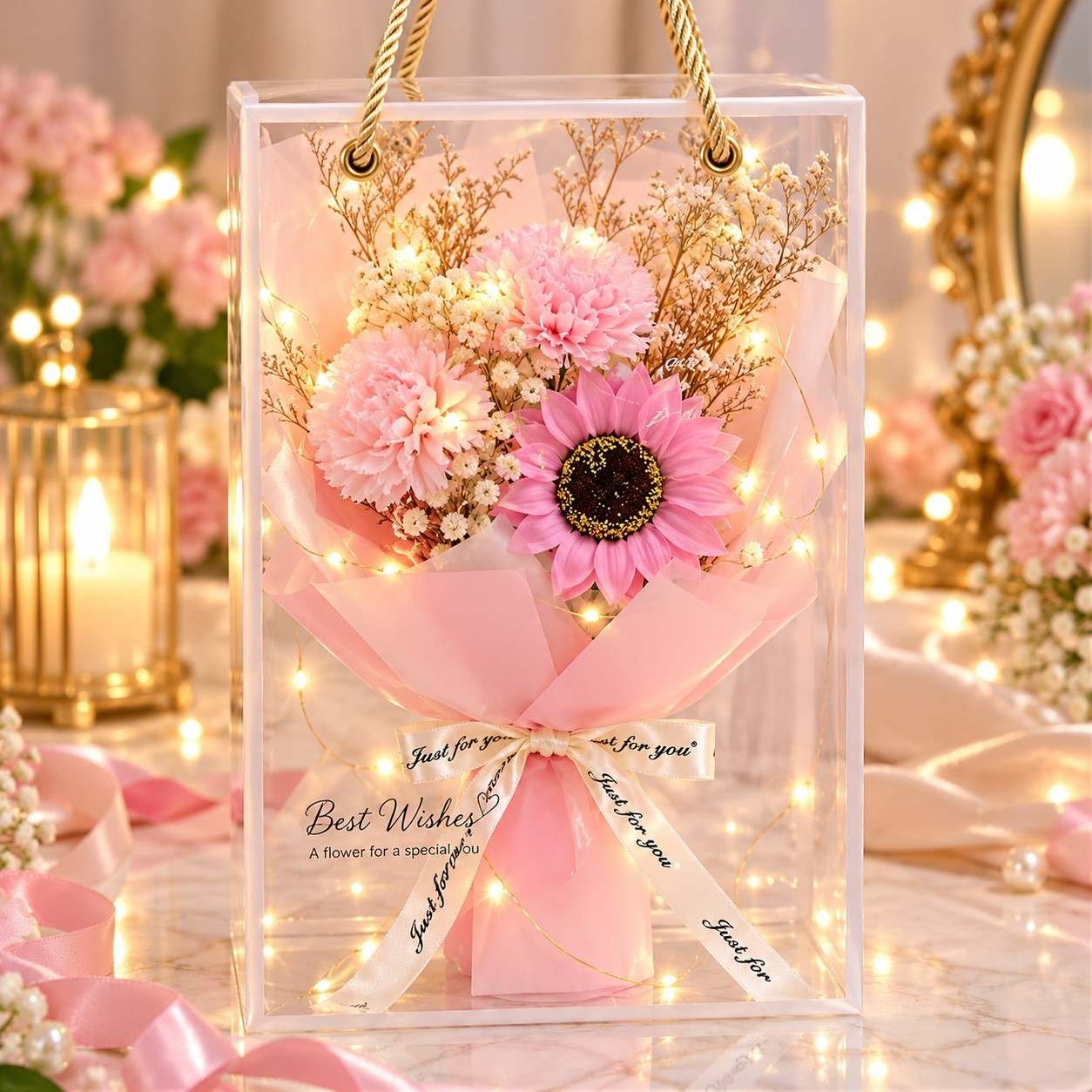 Premium 3 Flower Gift Box – Pink Carnation + sunflower & Carnation with LED Light + Greeting Card 🌹❤️