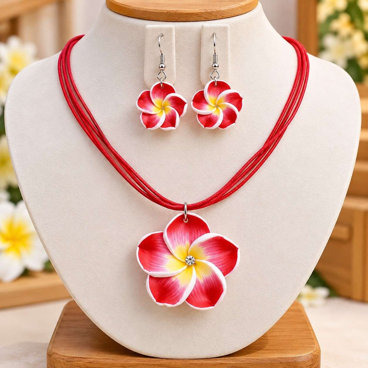 Handmade Flower Necklace Set (Red)