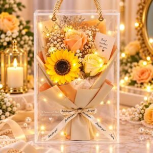 Premium 3 Flower Gift Box â champagne rose + sunflower & Carnation with LED Light + Greeting Card đšâ¤ī¸