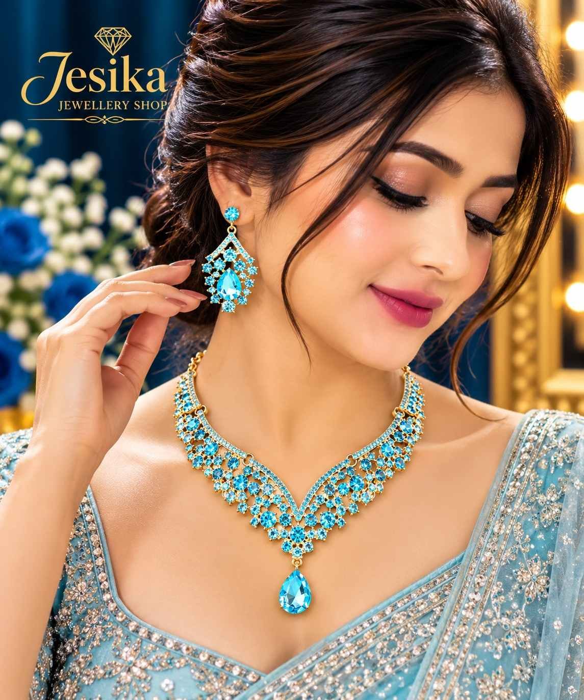 Bridal Diamond Cut Crystal Jewelry Set (Sky blue) - Image 2